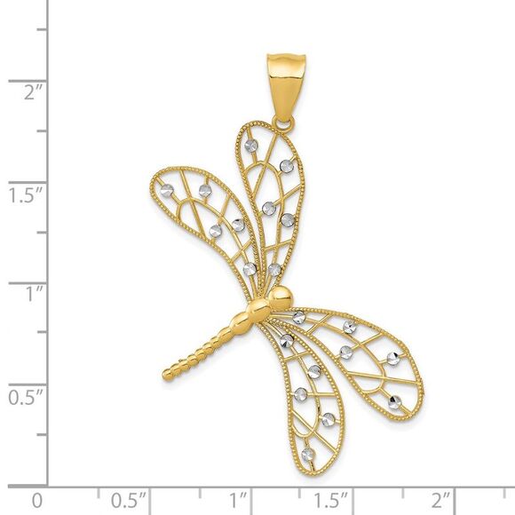 14k Two Tone Gold Large Filigree Dragonfly Pendant, 40mm (1 1/2 inch) - Picture 4 of 5